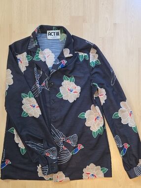 ACT III 1970s Navy Floral & Bird Print Button-Down Shirt